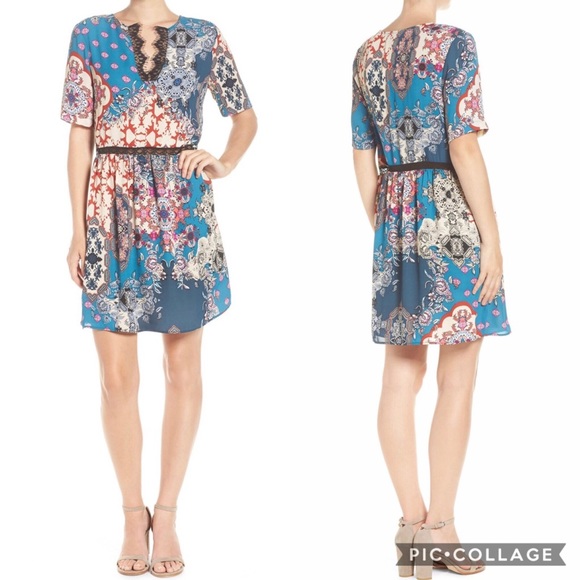 Womens Charles Henry Lace Trim Print Dress - Picture 2 of 8